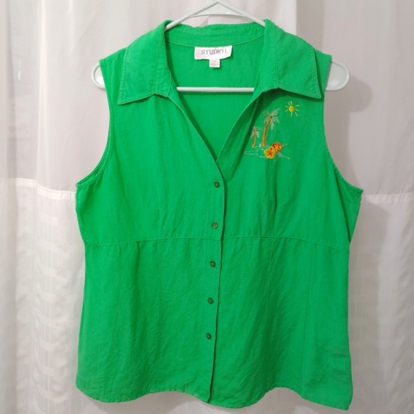 CLEARANCE Studio I Sleeveless Tank Top Vest Linen Button Up Embroidery Sz 14 - Picture 14 of 14